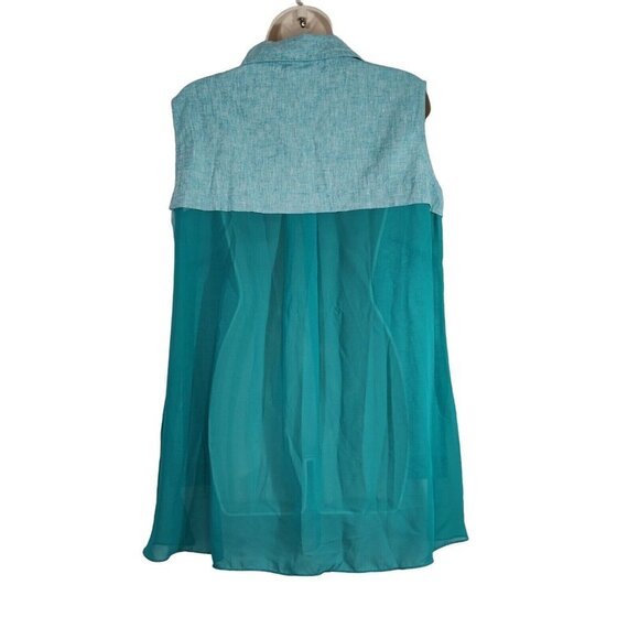 Vtg DG2 Diane Gilman Linen Button Up Top Size M Green Sleeveless Sheer Hi Low - Picture 4 of 7